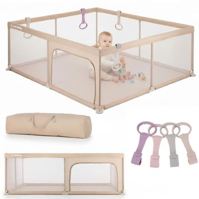 Sun Baby Babykravlegård 150x200 cm beige med bund - legeplads/tør pool, metalramme, net, lynlås udefra, 4 greb, taske