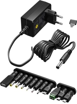 Goobay Universell strømforsyning 3 V - 12 V, maks. 7,2 W inkl. 11 adaptere: 7 DC-adaptere pluss USB-C™, USB-A, USB Mini-B, Micro-USB og rekkeklemme