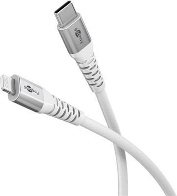 Goobay Lightning-USB-C™ supersoft textilkabel med metallkontakter, 3 m, vit MFi-certifierad, elegant och extra robust laddnings- och synkroniseringska