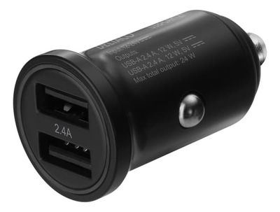 DELTACO 12/24 V USB-billader med doble USB-A-porter, 24 W, svart