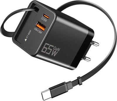 65W 3-ports udtrækkelig USB-C hurtigoplader, rejseadapter med integreret udtrækkeligt ladekabel