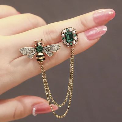 Vintage Bi Kæde Kvast Broche Sæt, Grønne Krystal Rhinestones, Unisex, til Formel Beklædning/Jakkesæt, Tilbehør/Gave