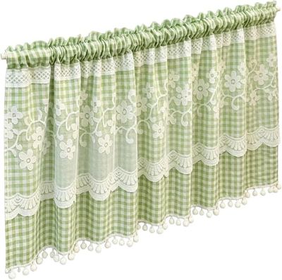 Minimalistisk stil, rosenbesatte ternede kuglegardiner, stangmonterede mørklægningsgardiner til køkkenet, grønne skabsgardiner - 150cm x 70cm