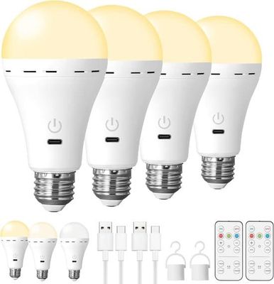 Uppladdningsbara E27 LED-lampor, LED-belysning, 3 färgtemperaturer, med fjärrkontroll, uppladdningsbar, timerfunktion, dimbar, inomhus, utomhus, 4-pack