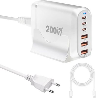 200W USB-C GaN 6-ports hurtigoplader med Power Delivery 3.0 & QC 3.0, inkluderer 100W USB-C kabel, kompakt ladestation til rejser