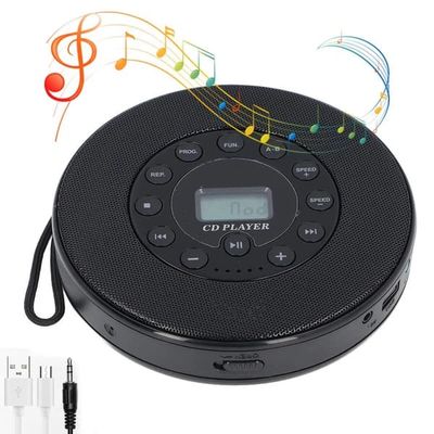Bärbar CD-spelare med högtalare, uppladdningsbar, 8 timmars batteritid, stötsäker, stöder USB AUX Bluetooth, kompatibel med bil