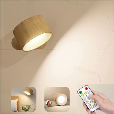 Uppladdningsbar vägglampa, batteridriven, sladdlös design - med fjärrkontroll - dimbar - batteridriven vägglampa - nattlampa - USB-uppladdningsbar - träfärg