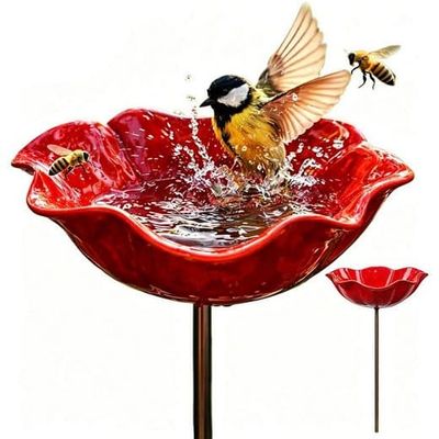 Fuglebad og bi-vandingsstation i metal, havestav, rustfri blomsterskulptur