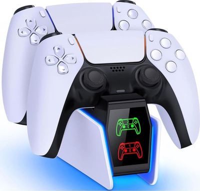 PS5-controller-opladningsdock, tilbehørspakkeoplader, til DualSense trådløse/Edge-controllere, 2-timers hurtigopladning, cool RGB-belysning.