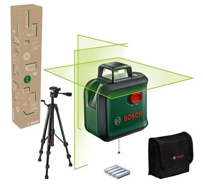 Bosch krydslaser AdvancedLevel 360 med grøn laser, 360° horisontal linje, lodrette linjer og stativ TT 150