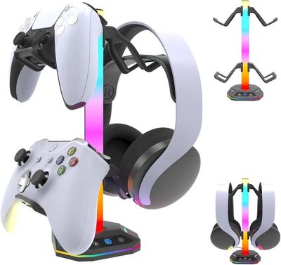 Controllerstander med 9 RGB-belysningstilstande, stander til headset og controller inklusive USB-C-opladerkabel, skrivebordstilbehør til gamere