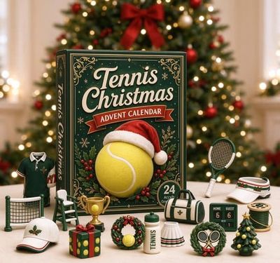 Tennis Julekalender 2026, 24 dele, akryl, gul-grøn, 4 cm fladt hængende ornament, tennis sportstema