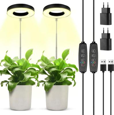 2-pak plantelampe, fuldspektret LED-vækstlys, 9 lysstyrkeniveauer, 180° roterende og med 3/9/12H timer, højdejusterbar vækstlampe, til planter