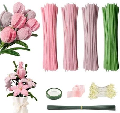 Blomstersæt - Piberensere til kreative håndværk - Blomster - Grønne Blomsterstængler - Ruller med Tape