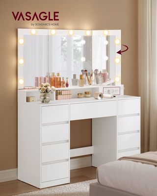 VASAGLE Stort toiletbord med spejl og stik, justerbar LED-belysning, makeupbord med 9 skuffer Toiletbord, moderne, hvid