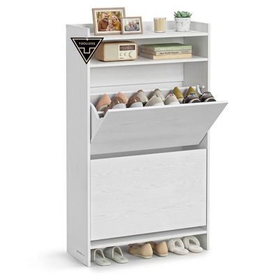 SONGMICS HOME Skoskåp med 2 luckor, supersnabb verktygsfri montering, Toolless-teknik, smalt skoskåp, skoförvaring, justerbar skiljevägg, modernt, snövit