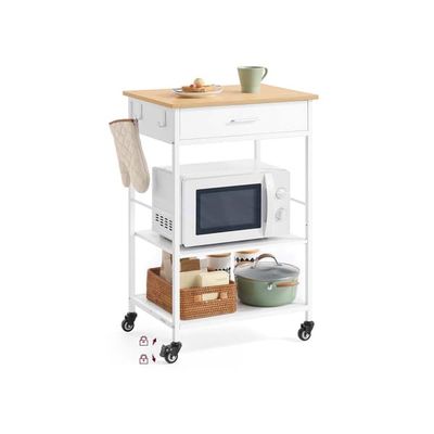 Köksvagn med hjul, mobil serveringsvagn med förvaringsutrymme, köksö, 47 x 60 x 90 cm, låda, 2 krokar, för matsalen, ekbeige-mattvit