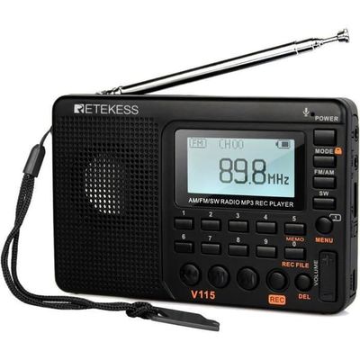 Retecess V115 Bärbar Radio, Liten Laddningsbar Radio, FM AM SW, Batterier och Elnät, TF-kort, Inspelare, MP3, Sleep Timer
