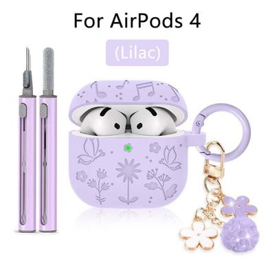 3D-painettu perhonen- ja kukkakuvioitu silikoninen suojakuori yhteensopiva AirPods 4:n kanssa - ihoystävällinen, pölysuojattu, pestävä ja langattomaan lataukseen yhteensopiva Purple