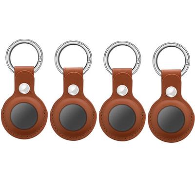 AirTag etui med nøglering PU læder 4-pak Brown