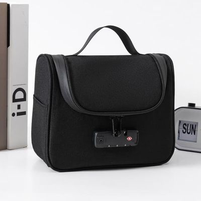 Låsbar Toilettaske - Oxford Stof Kodeopbevaringspose, Sikker Rejse Kosmetik Organizer Black
