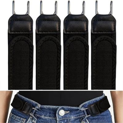 4-pack kardborre midjebälte med justerbar järnhake – lågprofil elastiskt midjeband i polyester och zinklegering, osynligt under kläder Black