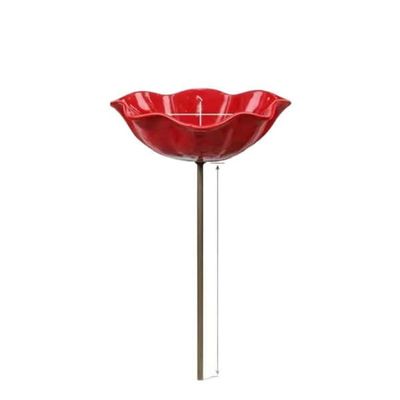 Håndlavet metal blomsterhavepind med blomsterformet rød skål til fuglebad og fuglefoder, dekorativ udendørs havepind 15cm x 15cm x 60cm