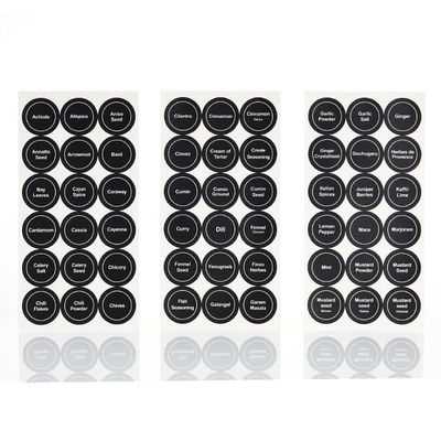 Etiketter til krydderglass, svarte, 35 mm runde, 121x241 mm, 7 ark/2 sett