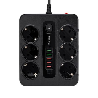EU 6-kontakter, 5 USB-porter, 1 USB-C-port Black