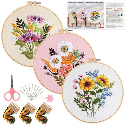 DIY Håndbroderi Startpakke - 3 Sett med Blomstermønstre, Ramme og Verktøy - Kreativt Broderisett