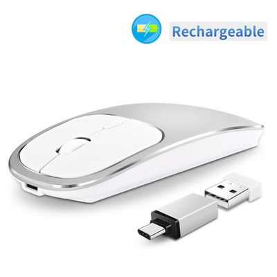Stille Trådløs Optisk Mus med Bluetooth 5.0 og 2.4GHz USB - Ergonomisk Design og Justerbar DPI Silver