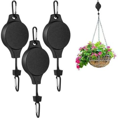 Hageopphengskroker 3-pk svart karabin — uttrekkbar planteblokktalje, justerbart oppheng for ampler og fugleforer, ABS+rustfritt stål, 90cm