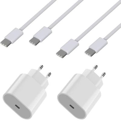 Snabb-laddare 20W - Phonillico - Paket med 2 - USB-C kablar 2m - Kompatibel med Airpods 4/Pro 2/Max 2024