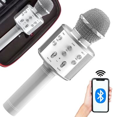 Trådlös mikrofon bluetooth karaoke högtalare rund med fodral olika lägen - Silver