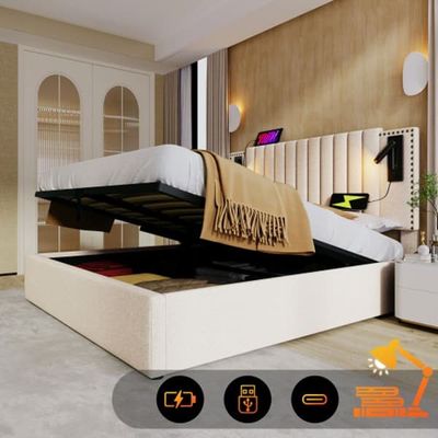 Dubbel säng 160x200 - MUVOE - Beige - Inbyggd förvaring - USB-portar - Justerbar sänggavel