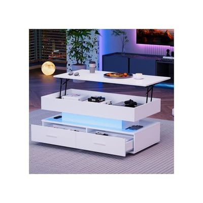 Hydraulisk soffbord - MUVOE - Höjdjusterbar - 2 lådor - LED-belysning - Vit