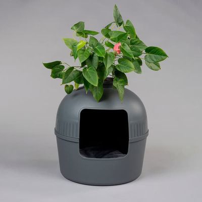 Skjult Kattebakke Flower XXL Antracit – Ø51 cm – 55 cm Høj – Design Kattebakke – Med Plads til Plante