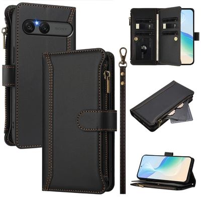 Til Sony Xperia 10 VII Etui med 9 kortpladser, lynlåspung og stativ - Sort