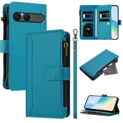 Til Sony Xperia 10 VII Etui med 9 kortpladser, lynlåspung og stativ - Lyseblå