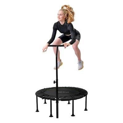 Hauki Fitness Trampolin Indoor foldbar Grøn Ø102 cm, Stille rebound trampolin med højdejusterbart håndtag, Mini Trampolin Bungees Workout Exercise