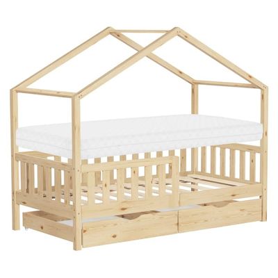 ML-Design børneseng hus seng 80x160 cm natur med madras, træseng med 2 skuffer, udfaldssikring og lamelbund, legeseng af fyrretræ,