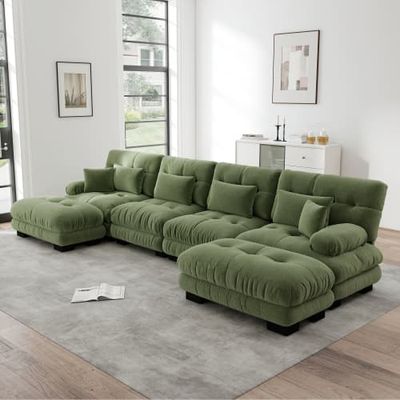 Modulär hörnsoffa, U-format sofaset för vardagsrum, 4-sits bekväm molnsoffa med flyttbar pall, DIY-kombination, chenille, grön