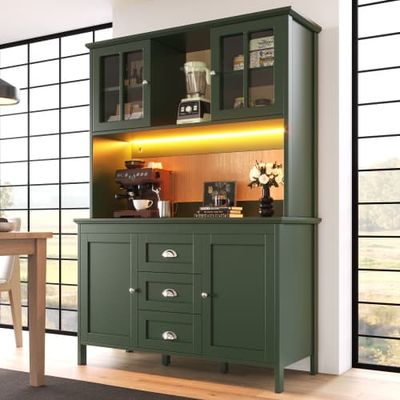Køkkenskab 120x40x179 cm, høje, sideboard, brune glasdøre & LED – grøn
