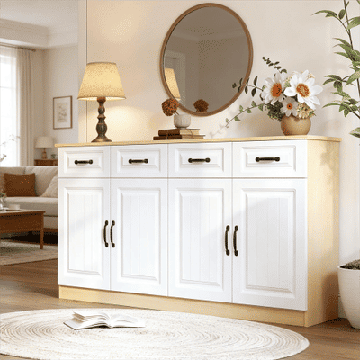 Sideboard på 160 cm med 4 skuffer og 4 låger, opbevaringsmøbel med ribbet design, hvid/træfarve, moderne sideboard til stuen og køkkenet