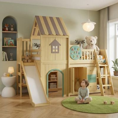 Højseng med rutsjebane, husdesign, 3-trinsstige, hylder, skuffer & garderobe – fyr+MDF, natur+grøn, børn