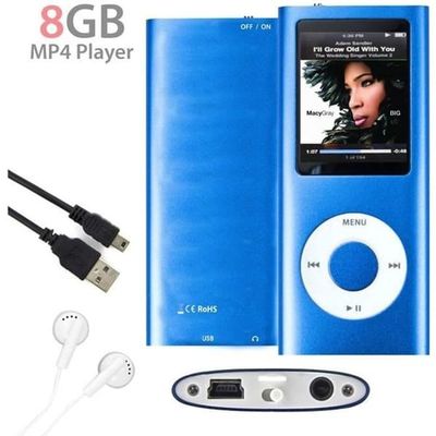 (Blå) 8 GB blå MP3 MP4-spelare - FM-radio musik spel - hörlurar + USB-kabel - Bluetooth