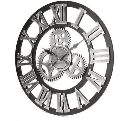 (Silver) Vintage träväggklocka - TEMPSA - 60cm - Silver - Retrostil 3D metallväxel