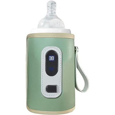 1 stk. bærbar, temperaturregulerbar babyflaskevarmer, trådløs USB-babyflaskevarmer, bilbabyflaskevarmer med LCD-skjerm, grønn
