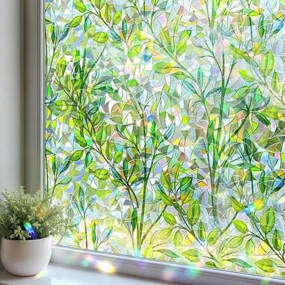 (Farge: Grønne slyngplanter) Vindusfilm i farget glass, antirefleks med regnbueeffekt, 30 x 100 cm, grønt bladmønster, elektrostatisk, ikke-klebende v