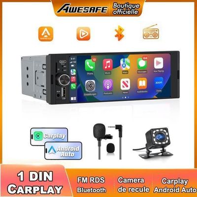 AWESAFE Autoradio 1 DIN CarPlay og Android Auto med 6.36'' Touchskærm HD Bluetooth 5.0 Bakkamera inkluderet, FM USB Type C GPS